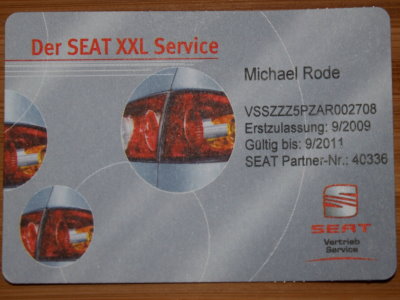 Die Vorderseite der Seat-Servicecard mit Angaben zum Fahrzeug und zur Gültigkeit der Karte. 