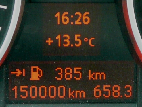 Der Kilometerzähler des BMW zeigt eine Fahrstrecke von 150.000 km nach 43 Monaten. Der Kilometerzähler des BMW zeigt eine Fahrstrecke von 150.000 km nach 43 Monaten.