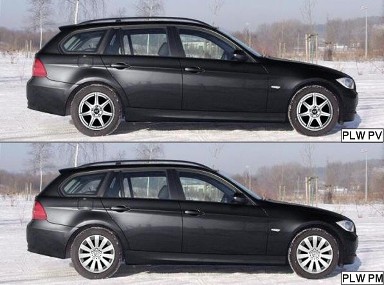 Die im Text beschriebenen Felgen von ProLine, montiert auf einem schwarzen BMW 3er E91: Oben Design "PV", unten Design "PM". 