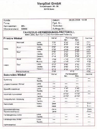 Protokoll der Achsvermessung bei Firma Vergölst. 