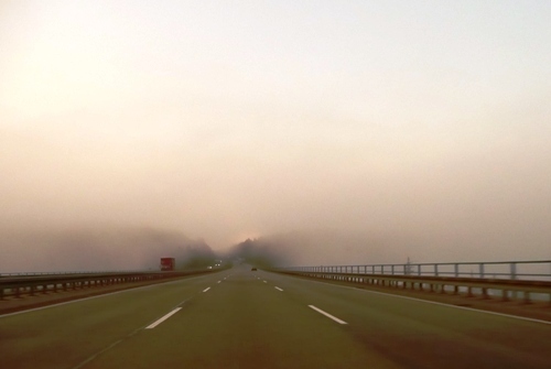 Wie eine Schneise durch den Dschungel verläuft die A7 auf einer Autobahnbrücke durch den Frühnebel. 