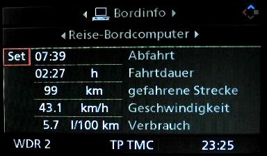 Anzeige des Reise-Bordcomputers im 320d. 