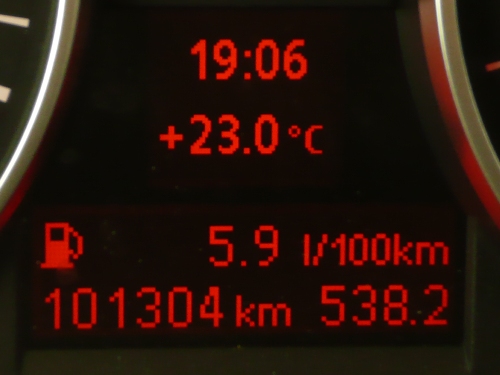 Der Bordcomputer des Dreiers zeigt einen Durchschnittsverbrauch von unter 6,0 l/100 km an. 