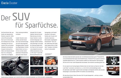 Rückseite der Broschüre über den Dacia Duster. 