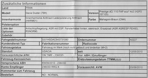 Ausschnitt eines Ausdrucks aus dem Bestellsystem von Renault. 