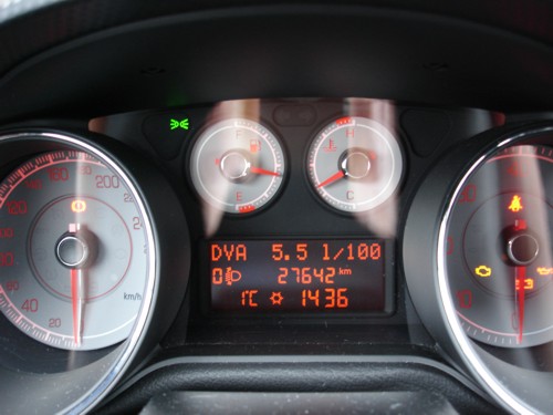 Ausschnitt des Cockpits. Tankanzeige und Temperatur des Kühlwassers nach 20 km Fahrt bei +1 Grad Celsius.