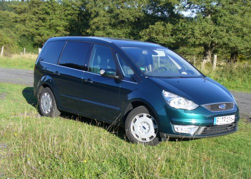 Front und Beifahrerseite eines Ford Galaxy auf einer Wiese am Waldrand. 