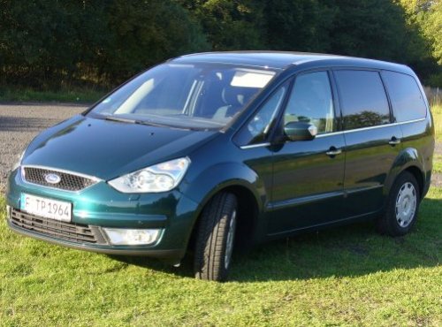 Front und Fahrerseite eines Ford Galaxy auf einer Wiese am Waldrand. 