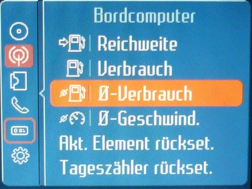 Bordcomputer Menü Anzeige auf dem Convers+. 