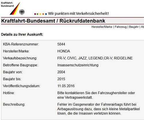 Kraftfahrtbundesamt und Rückrufdatenbank. Rückrufaktion des KBA.