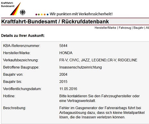 Rückrufaktion des KBA. 