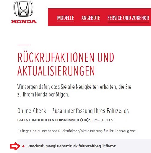 Rückrufinformationen von Honda. Rückrufaktion bei Honda.