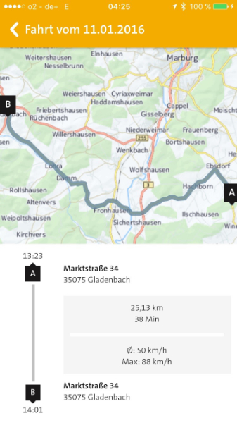 Die erste Fahrt zur Anzeige in der Smartphone App. 