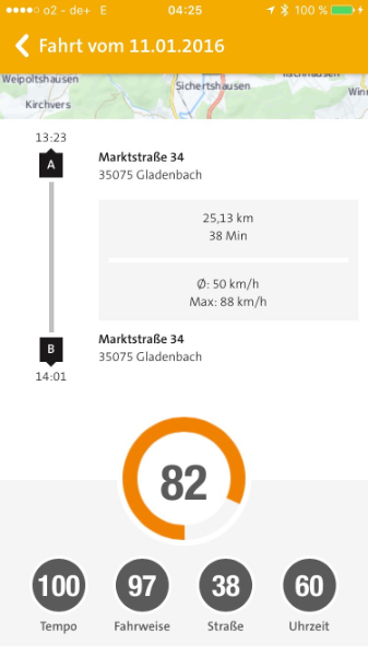 Die erste Fahrt zur Anzeige in der Smartphone App. 