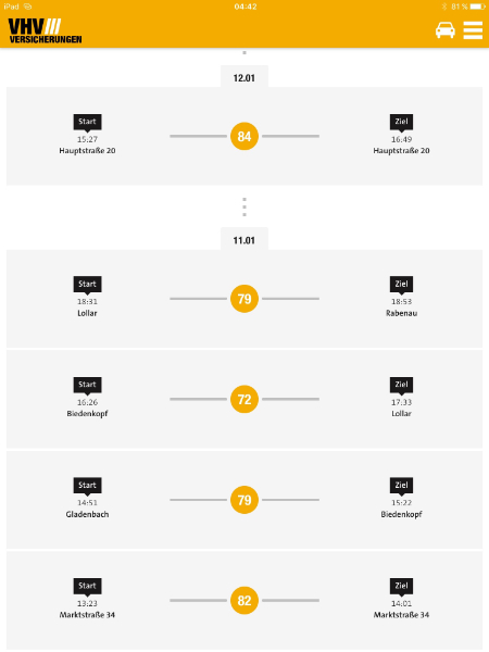 Die ersten Fahrten gelistet in der App auf dem Tablet Computer. 