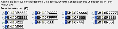 Auswahl der verfügbaren Kennzeichen im Oberbergischen Kreis für die Buchstabenkombination OR und Schnapszahlen. 