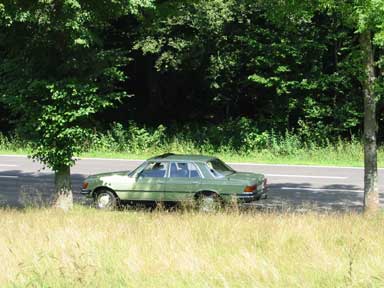 Auto im Schatten zwischen zwei Bäumen. 