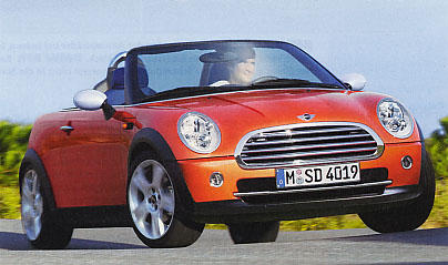 Mini Roadster: Flache Frontscheibe, 2 Sitze, vereinfachtes Verdeck. 