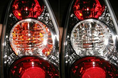 Links mit normalem orangem, rechts mit verchromtem Leuchtmittel. Links mit normalem orangem, rechts mit verchromtem Leuchtmittel.