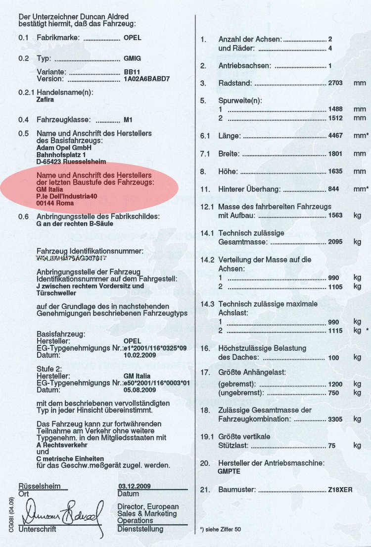 Ausschnitt aus der EG-Übereinstimmungsbescheinigung. Ausschnitt aus der EG-Übereinstimmungsbescheinigung.