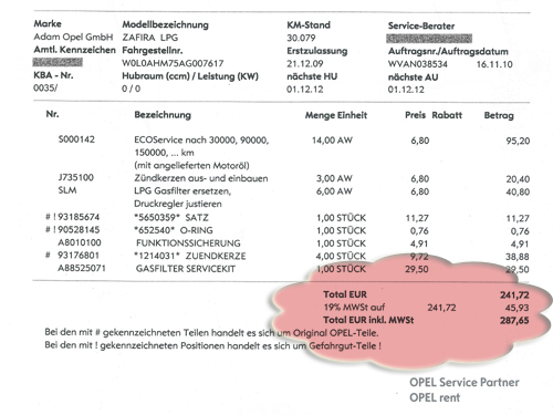 Mit einem so hohen Rechnungsbetrag — immerhin 287,65 Euro — hätte ich für die Erstinspektion nicht gerechnet. 