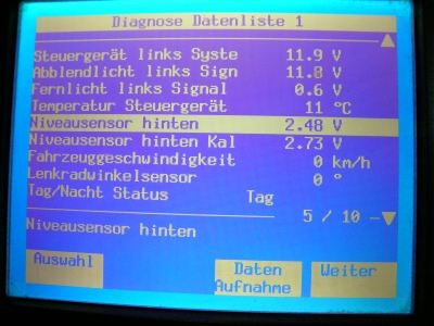Die Datenliste im TECH2 mit der Niveausensorspannung. 