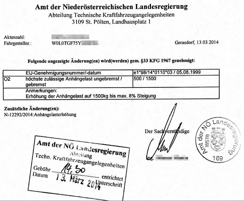 Bescheinigung zur Anhängelasterhöhung auf 1.500 kg. Bescheinigung zur Anhängelasterhöhung auf 1.500 kg.