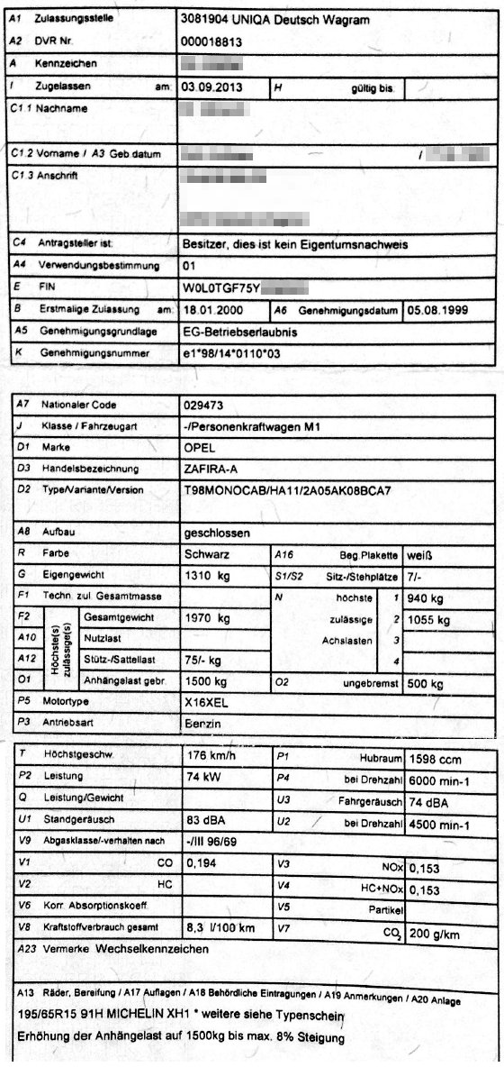 Fahrzeugdaten Opel Zafira A 1.6, Baujahr 2000. Fahrzeugdaten Opel Zafira A 1.6, Baujahr 2000.