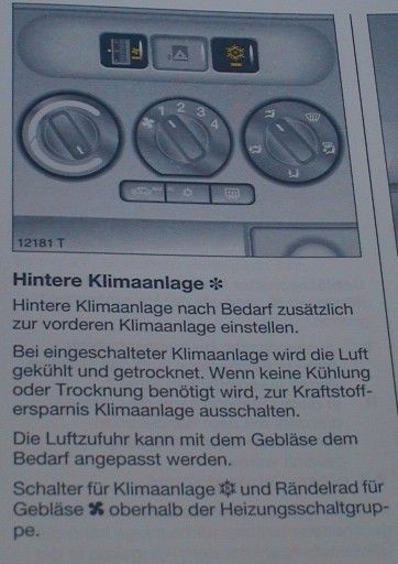 Auszug aus der Bedienungsanleitung des Opel Zafira zur hinteren Klimaanlage. 