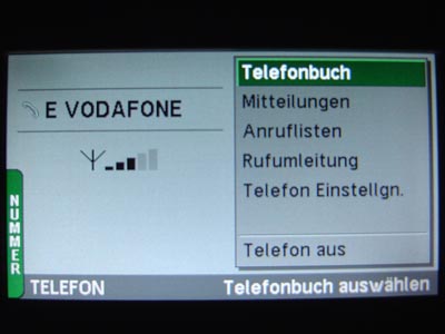 Auswahlmenü des Autotelefon. 