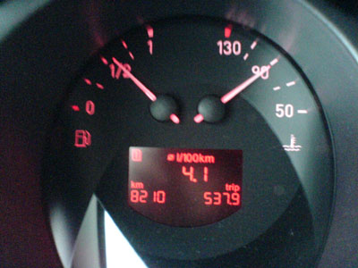 Kein Vollgas, Nutzung der Schubabschaltung, stets vorausschauendes Fahren, LKW-Tempo, früh hoch schalten, nach dem Start sofort losfahren — Ergebnis 4,1 Liter Verbrauch auf 100 Kilometer. Anzeige des Bordcomputers mit Minimalverbrauch.