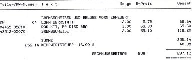 Rechnung Bremsscheibenwechsel vorne inklusive Beläge und Arbeitszeit. Kosten Bremsscheibenwechsel vorne.