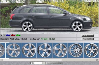Felgenkonfigurator auf www.bmf-gmbh.de mit Toyota Avensis Combi. Felgenkonfigurator.