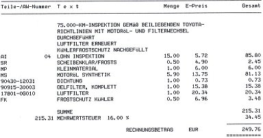 Rechnung 75.000 km Inspektion. Inspektionskosten 75.000 km.