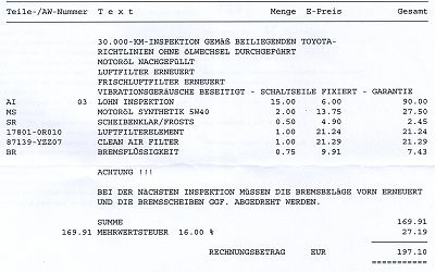 Rechnung für die 30.000-Kilometer-Inspektion inklusive des nachgefüllten Öls. Rechung 30er Inspektion.