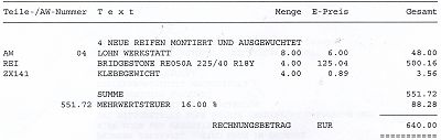 Rechnung Sommerreifen Bridgestone Potenza A050. Rechnung Reifen.