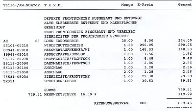 Rechnung für die Windschutzscheibe inklusive Ein- und Ausbau. Rechnung Frontscheibe.