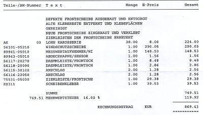 Rechnung Frontscheibe. 