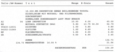 Rechnung des 15.000-Kilometer-Fitness-Checks mit Ölwechsel. 