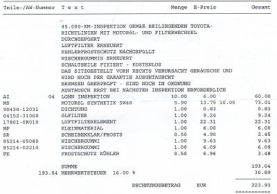 Rechnung 45.000-Kilometer-Inspektion mit Ölwechsel. Rechnung Inspektion.