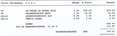 Rechung für die Felgen inklusive Material und Montage. Rechnung Felgen.
