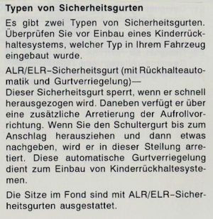 Teilauszug aus der Bedienungsanleitung des Toyota Avensis zum Typ des Sicherheitsgurtes. 