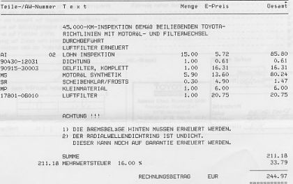 Ausschnitt aus der Rechnung der Inspektion bei 45.000 Kilometer. Ausschnitt aus der Rechnung der Inspektion bei 45.000 Kilometer.
