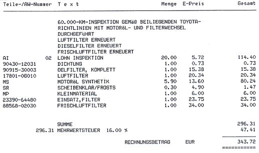 Ausschnitt aus der Rechnung der Inspektion bei 60.000 Kilometer. 