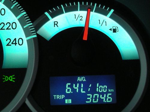 Tankuhr und Durchschnittsverbrauchsanzeige. Tankuhr und Durchschnittsverbrauchsanzeige bei 6,4 l/100 km.