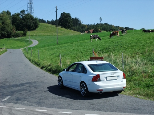 Das Bild zeigt den weissen Volvo S40 T5 von schräg hinten. Der weisse Volvo S40 T5.