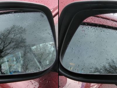 Vergleich Spiegelglas mit und ohne wasserabweisende Beschichtung. Vergleich Spiegelglas mit und ohne wasserabweisende Beschichtung.