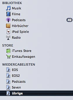 Fünf Wiedergabelisten in iTunes. 