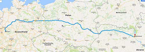 Routenverlauf der Reise in die Ukraine. Routenverlauf der Hinreise.