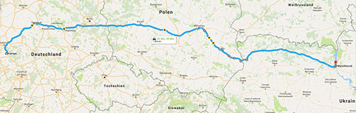 Reiseroute nach Wyschgorod/Ukraine. 